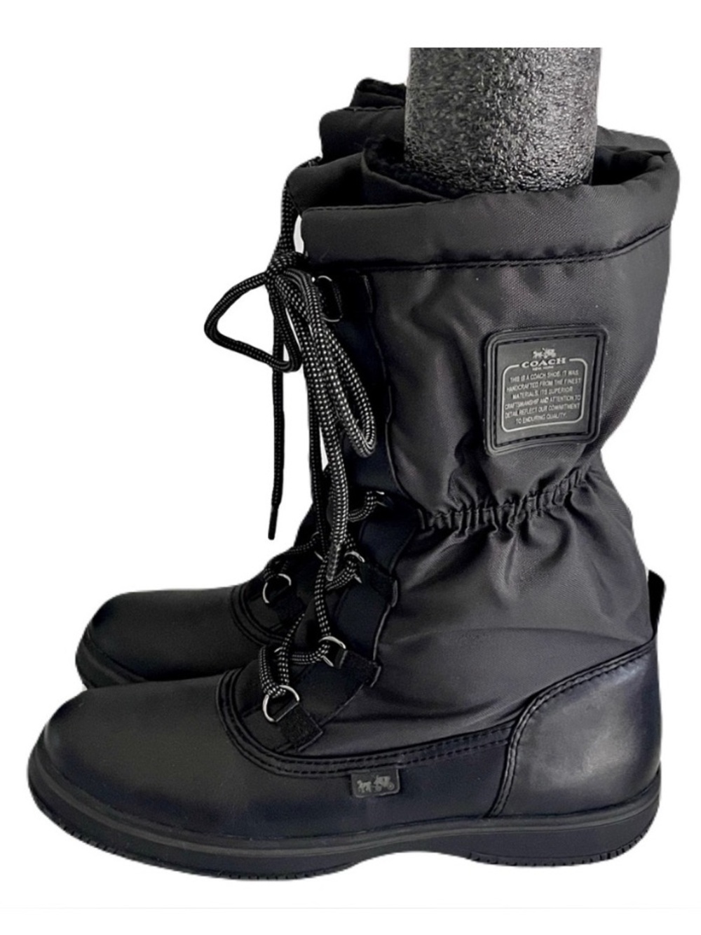 Coach Black Nylon and Leather ‘Sage’ Fleece-Lined Lace Up Winter Boots, Size 7.5
